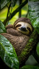 Fototapeta premium Contented Sloth Napping Peacefully on Mossy Branch Amidst Lush Green Foliage