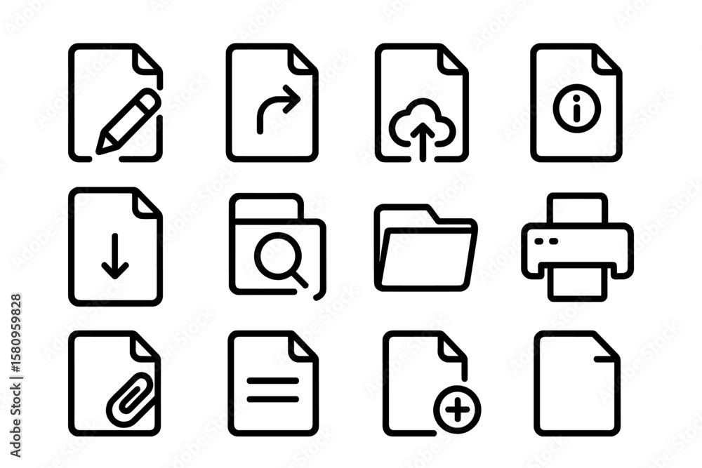 Poster minimalist black line file icons set on dark background for apps