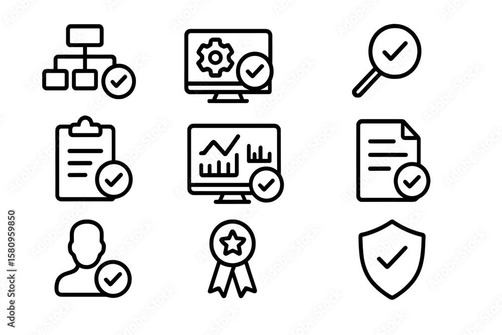Poster business icons set with charts and checkmarks in minimalistic style