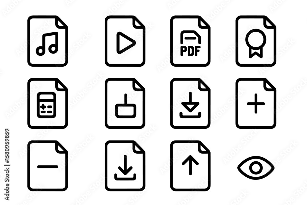 Poster minimalist black icon set featuring various file types and actions