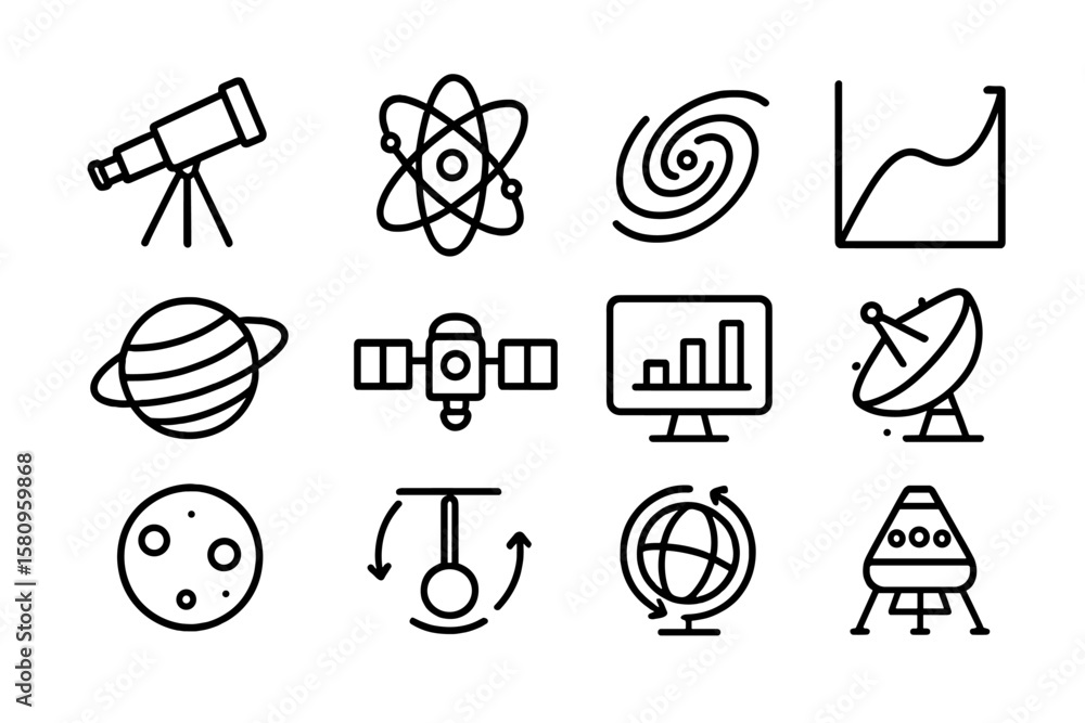 Poster black and white science icons set with astronomy and space elements