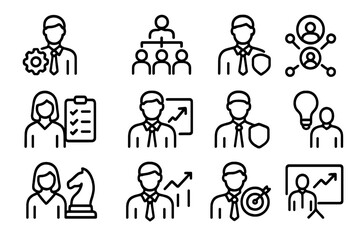 Business management icons set with people and strategy elements in linear style
