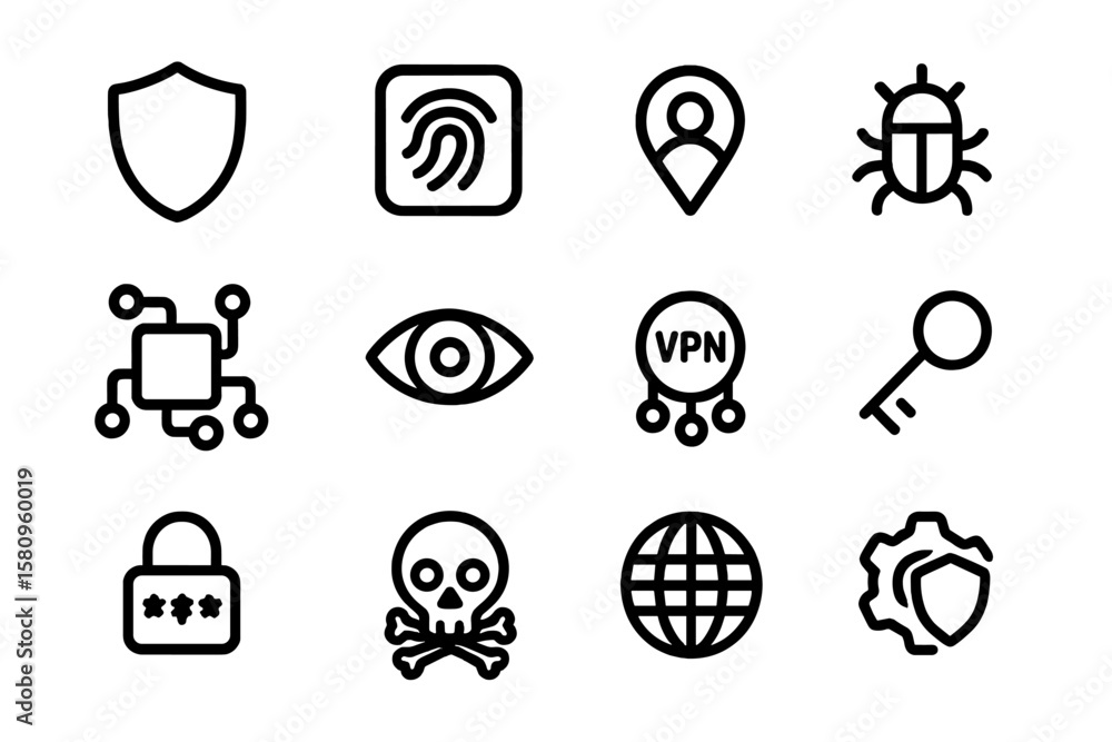 Poster security icon set with cyber elements in modern minimalist design