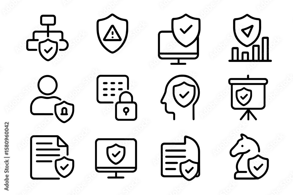 Poster cybersecurity icons set displaying various protection and privacy concepts