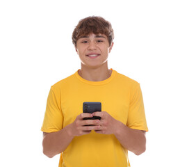 Smiling teenage boy with smartphone on white background