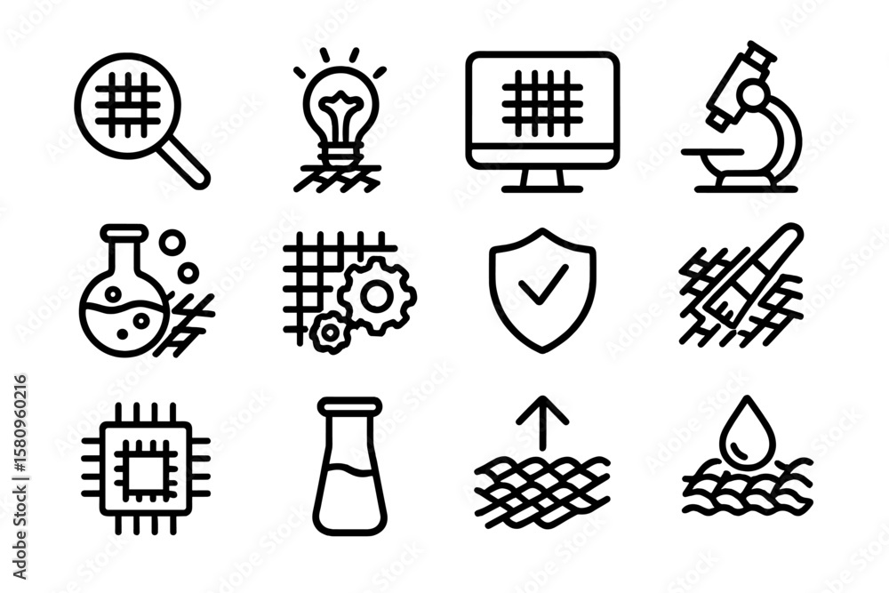 Poster technology and science icons set in linear black style on dark background