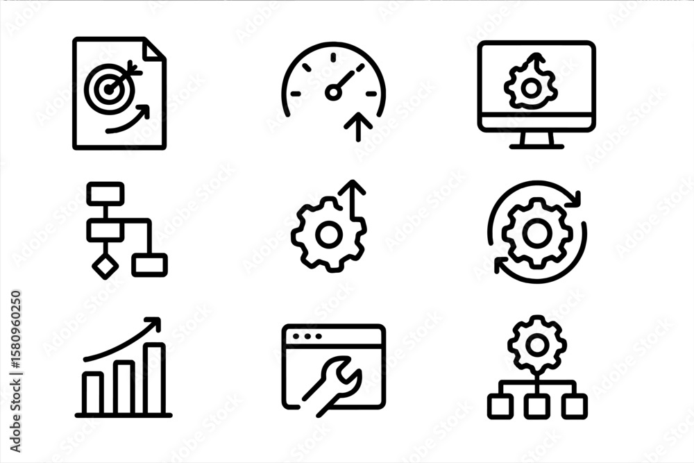 Poster linear icon set of business strategy and automation tools on gradient background