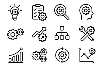 Black outline gear icons on dark background for business and technology concepts