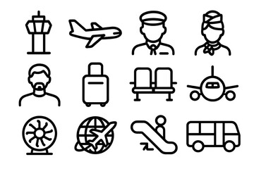 Linear aviation icons: airline staff, aircraft, travel essentials and airport symbols
