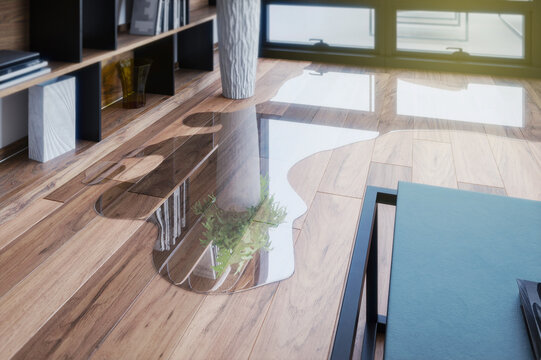 Water leaking on wood Parque floor in living room.