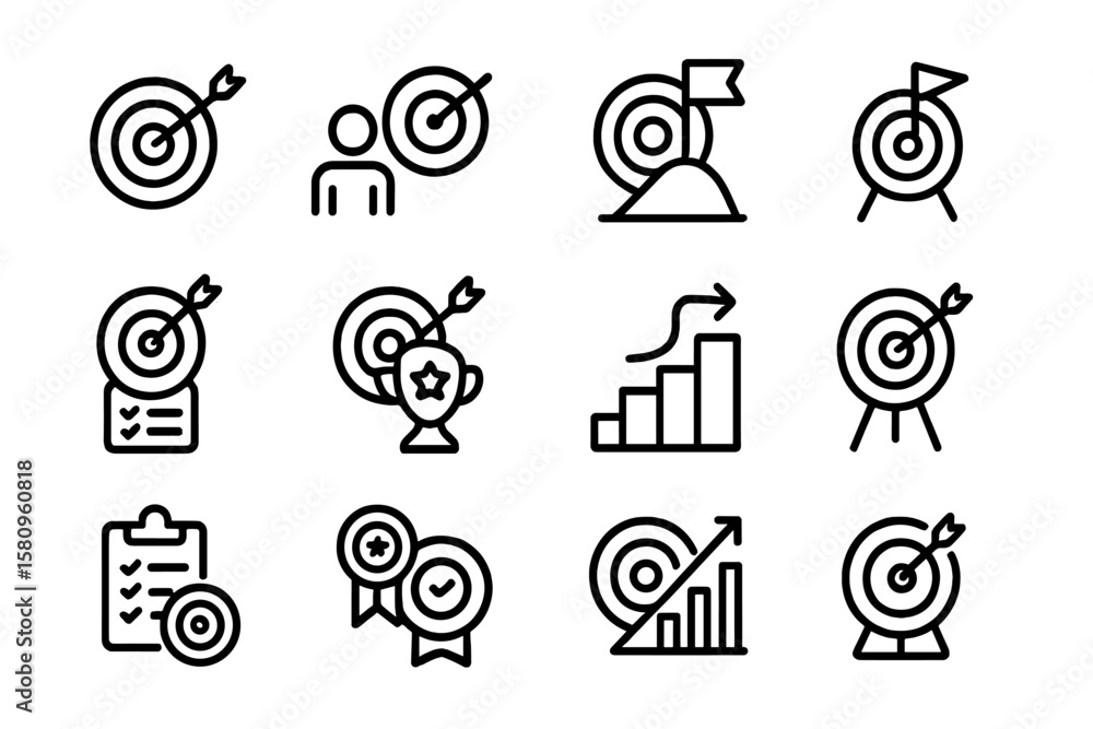 Poster set of linear target and goal icons with checklists and graphs
