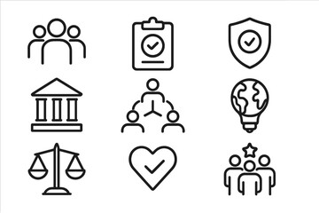 Minimalist black line icons on dark background for business and strategy concepts