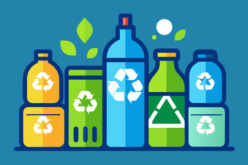 Colorful Recycling Illustration with Bottles Cans and Boxes on a Blue Background