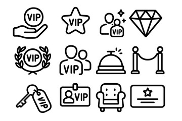 Vip services icons: exclusive access, membership, and luxury amenities in linear style