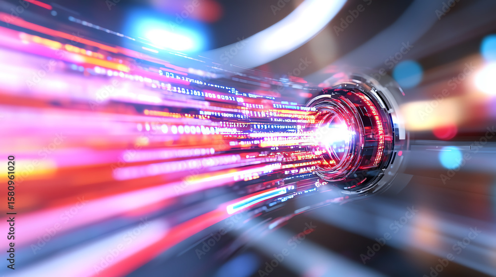 Poster futuristic light streaks create a sense of motion and speed, emphasizing the acceleration of technol