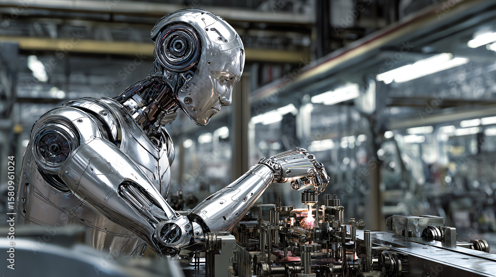 Poster futuristic robot assembling technology in a high-tech factory setting, showcasing advanced automatio