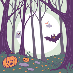 Whimsical halloween forest scene featuring smiling pumpkins cute owls and a friendly bat flying under a large full moon