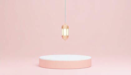 Minimal mock up scene with round podium and hanging lamp on pink background. 3D rendering.