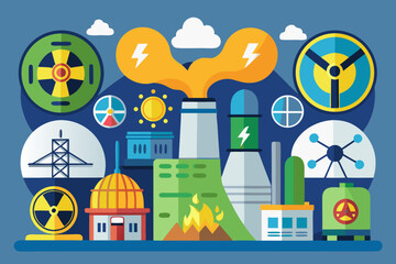 Obraz premium Colorful Cartoon Illustration of a Power Plant and Energy Production