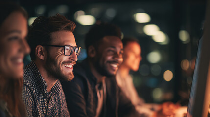 Group of diverse professionals laughing and collaborating in an office at night, showcasing teamwork and creativity.