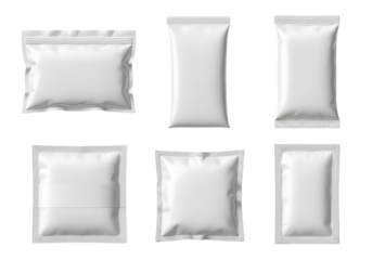 Set of six blank white food or cosmetic sachet mockups for packaging. Isolated on transparent background, png