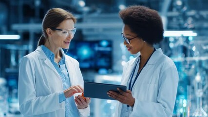 Closeup of two physicians engaged in a discussion over digital medical charts on a tablet with hightech lab equipment in the background emphasizing teamwork and innovation in healthcare - Powered by Adobe