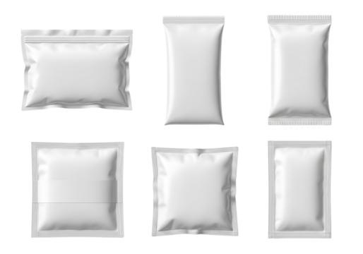 Set of six blank white food or cosmetic sachet mockups for packaging. Isolated on transparent background, png