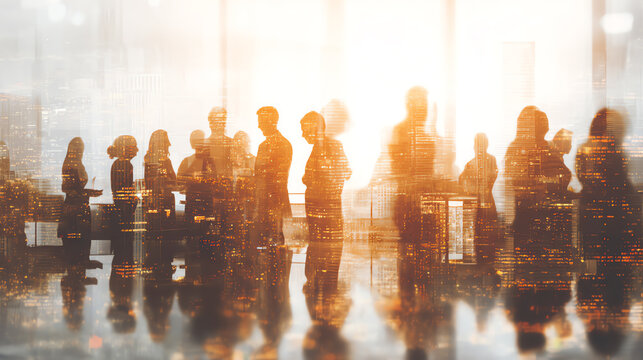 Silhouettes of professionals waiting in a modern office setting, backlit by warm sunlight, representing corporate life and teamwork.