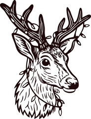 Fototapeta premium Hand drawn deer head with antlers and christmas lights festive animal illustration in vintage engraved