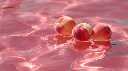 Vibrant photo of few pink peaches are floating on the pink water. The water has ripples and reflects the sunlight. The peaches should be close to the color of the water and.