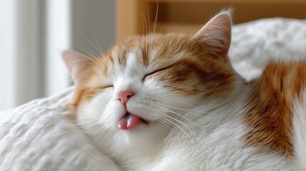 Fat cat sleeps and looks funny
