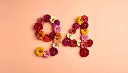 Number 94 made out of flowers with colored background. Photo for 94th birthday or anniversary party