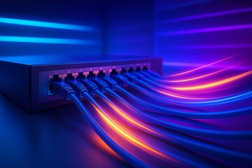 Network switch with connected cables and glowing light streaks in a dark room