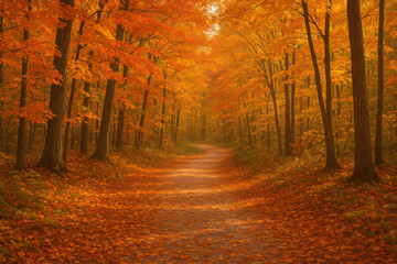 Obraz premium Enchanting autumn forest pathway with vibrant foliage in golden sunlight