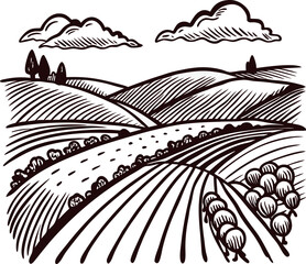 Hand drawn countryside landscape with rolling hills, cloudy sky, and agricultural fields in vintage engraving