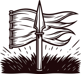 Fototapeta premium Engraved drawing of fluttering flag on spear pole planted in grassy ground, vintage black and white illustration