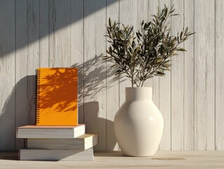 3D rendered minimalist scene: orange notebook, books, olive tree in white vase