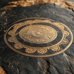 Fototapeta premium Ornate, circular design, gold accents on dark surface