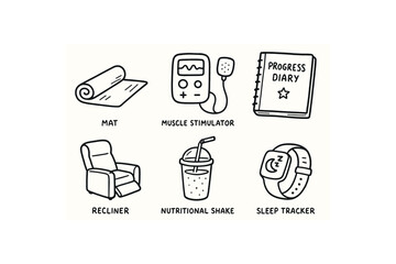 hand drawn cute doodle style isolated recovery period physiotherapy mat recovery period muscle stimulator recovery period progress diary recovery period rest recr chair recovery period
