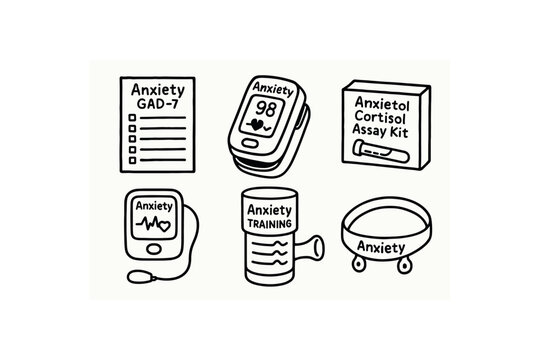 hand drawn cute doodle style isolated aniety GAD 7 assessment form aniety pulse oimeter aniety cortisol assay kit aniety heart rate variability monitor aniety breathing trainer aniety EEG