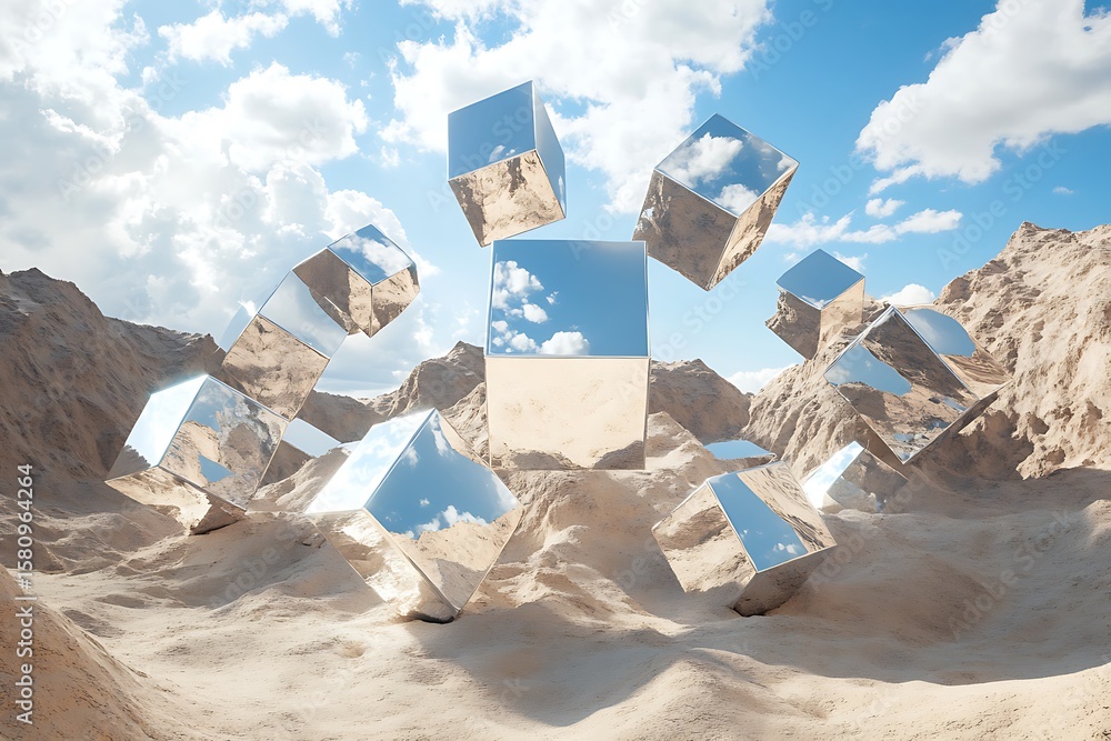 Aufkleber mirrored cubes hovering in a circular pattern over a mountain of sand, reflecting the sky above -
