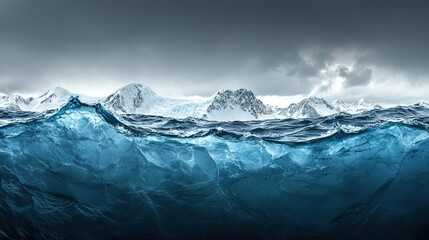 Rising waves meet cracked ice under a stormy sky, a stark reminder of sea level urgency.