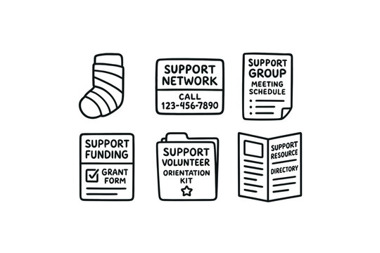 hand drawn cute doodle style isolated support brace bandage wrap support network hot number support group meeting schedule support funding grant form support volunteer orientation kit