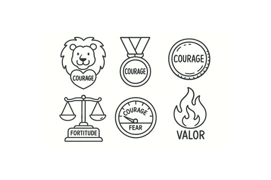hand drawn cute doodle style isolated courage lion heart emblem courage bravery medal badge courage challenge coin courage fortitude scale courage fear gauge courage valor flame