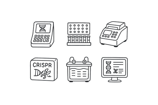 hand drawn cute doodle style isolated geneticist DNA sequencer geneticist gene microarray geneticist PCR thermocycler geneticist CRISPR kit geneticist gel electrophoresis tank geneticist