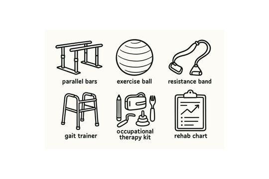 hand drawn cute doodle style isolated rehabilitation parallel bars rehabilitation eercise therapy ball rehabilitation resistance band rehabilitation gait trainer rehabilitation occupational