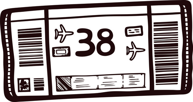 Hand drawn airline boarding pass with barcode and seat number isolated on white background