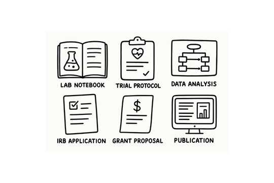 hand drawn cute doodle style isolated medical researcher lab notebook medical researcher trial protocol medical researcher data analysis pipe medical researcher IRB application medical