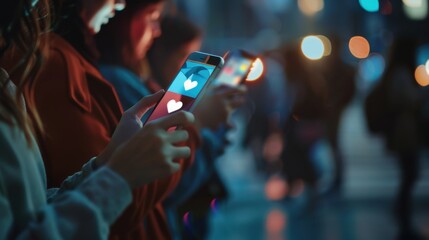 People are looking at their cellphones playing on social media and the like and love icons appear.