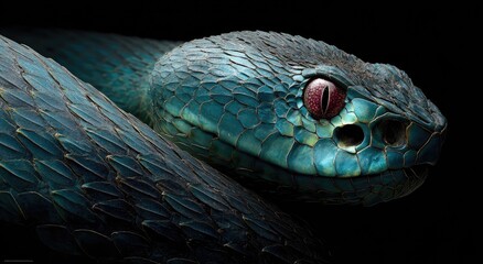 Close - up of emerald - blue snake with red eyes in dark fantasy